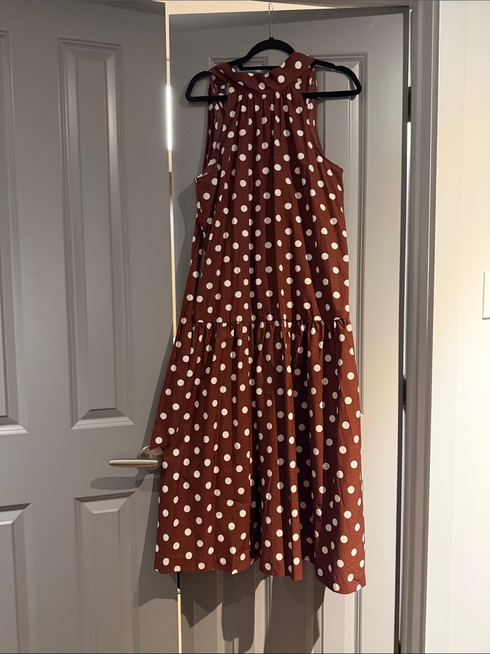 Anthropologie (Maeve) Brown & White Polka Dot Halter Midi Dress - Picture 3 of 7